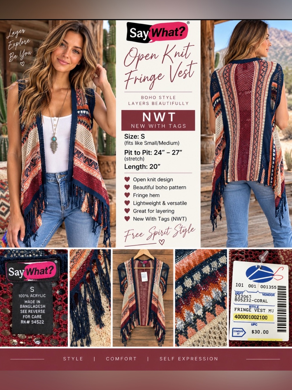Knit Fringe Waterfall Open Vest